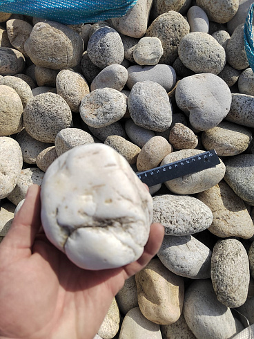 Kamenclub.ru: Галька речная окат (серо-белая) фр. 70-120 мм купить  в Севастополе галька галечник бело-серая, серо-белая, серая, белая речная природная галька  8000 руб/т   фото КАМЕНЬ КЛУБ