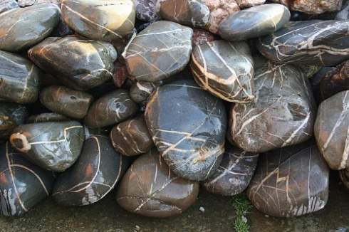 Kamenclub.ru: Валунчик Паутинник фр.100-300 мм  купить в Севастополе крупный природный камень галечник темно-серый с прожилками белый черный речной валунчик 5000 руб/т   фото КАМЕНЬ КЛУБ